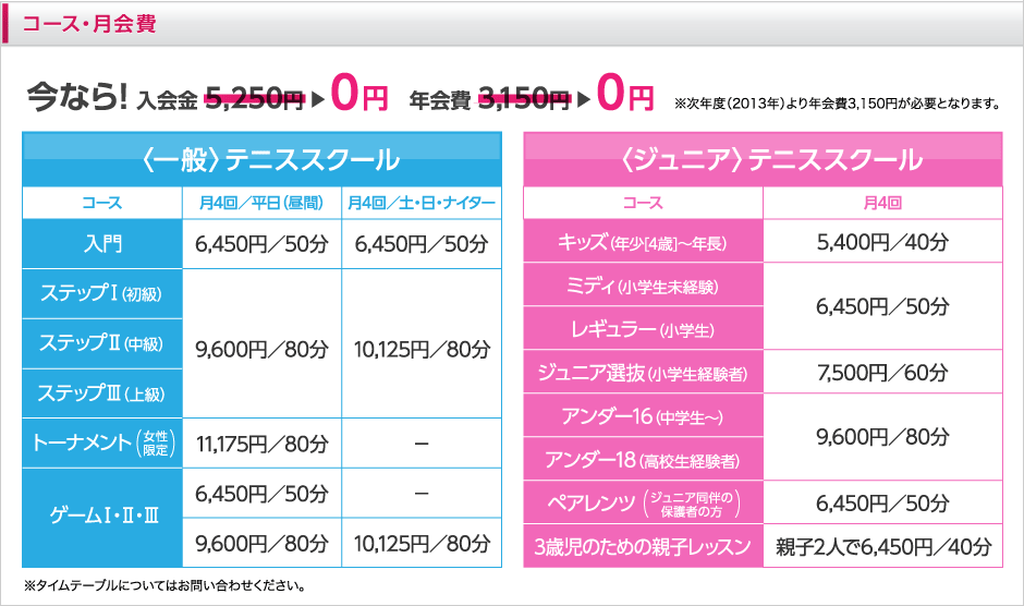 コース・月会費　今なら！入会金 5,250円が0円   年会費 3,150円が0円